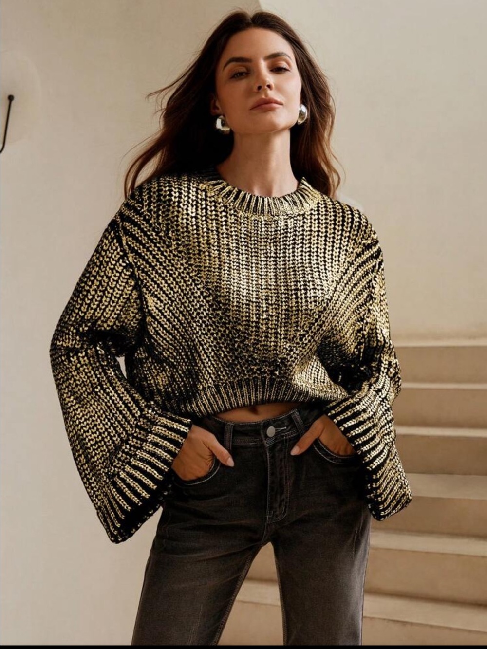 Anewsta Gold & Black Cropped Knit Long Sleeve Sweater
